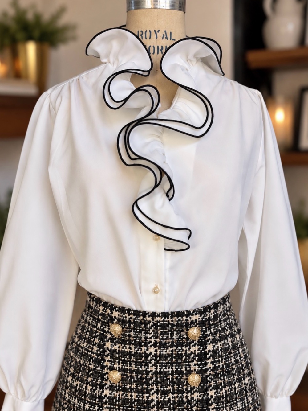 Vintage 1980s Ruffle Front Blouse White Black Victorian Romantic - Picture 2 of 7